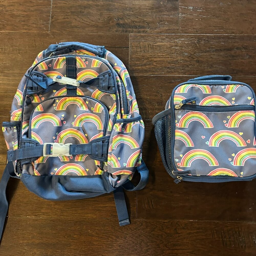 Pottery Barn Kid MacKenzie 16" Backpack blue with Rainbows